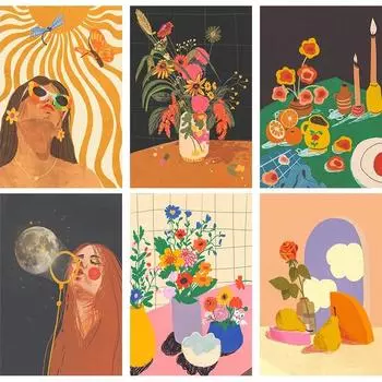 Colorful Female Figures Flower Picture on The Wall Art Posters and Prints New Arrivals Living Room Home Decor Canvas Painting 21cm30cm NoFrame