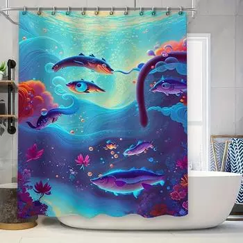 Colorful Fish Design Bathroom Shower Curtain Waterproof Fabric Decorative Home Decoration W90xH180cm