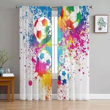 Colorful Football Paint Art Soccer Tulle Sheer Curtains for Living Room Decor Window Curtain for Bedroom Voile Organza Drapes W135 x H115cm x1&Rod Pocket
