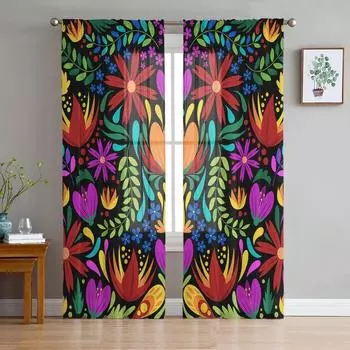 Colorful Mexico Abstract Flower Sheer Curtains for Living Room Decoration Window Curtains Kitchen Tulle Voile Organza Curtains W135 x H115cm x1