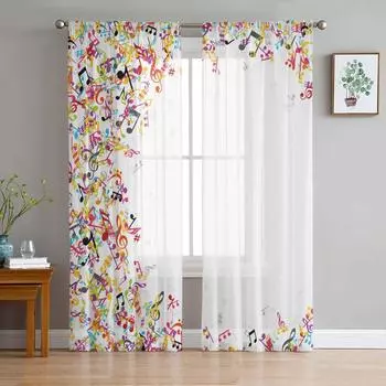 Colorful Musical Notes Music Symbol Chiffon Sheer Curtains for Living Room Bedroom Decoration Window Voiles Tulle Drapes Curtain W135 x H115cm x1&Rod Pocket