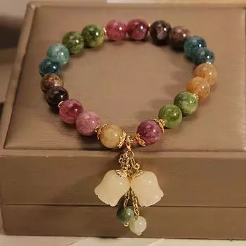 Colorful natural stone bracelet with floral pendant, ethnic style bracelet,