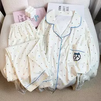 Женская пижама в разноцветный горошек с рисунком из мультфильмов в корейском стиле из ленивого шелка, осенне-зимний новый домашний комплект M бежевый