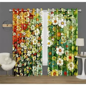 Colorful Rich Flowers Pattern Curtains Green and Peach Flowers Kitchen Decor Curtains Bedroom Living Room Window Decor 2 Panels 50W130H(CM)X2PCS&Grommet Top