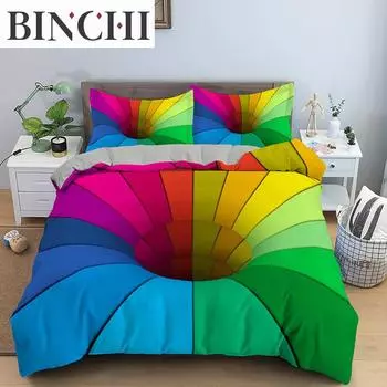 Colorful Stripes Duvet Cover Set 3D Twisted Colorful Psychedelic Stripes Quilt Cover For Teens Polyester King Size Bedding Set EU single(135x200cm)