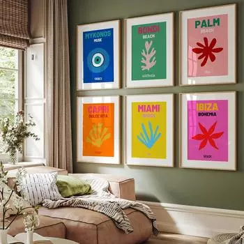 Colorful Travel Poster Maximalist Art Print Mykonos Ibiza Maimi Bondi Canvas Painting Wall Picture For Living Room Bedroom Decor 21x30cm No Framed