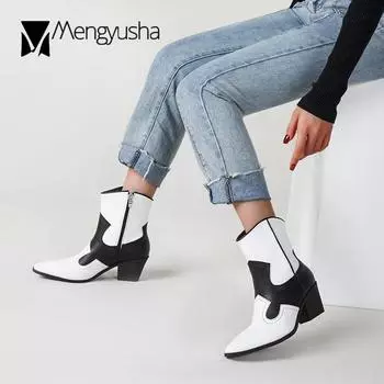 Colors block heels fashion boots women sewing pointed toe winter botas zipper chunky high heels western riding booties femme2024 6