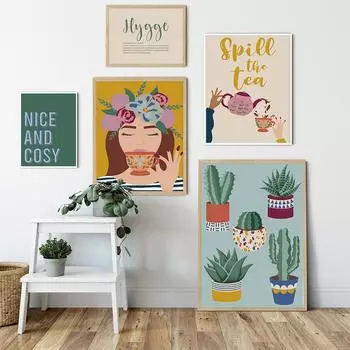 Colourful Cacti Illustrated Art Print Girl with Floral Crown Canvas Painting Tea Hygge Nice and Cosy Quote Poster Wall Pictures 21x30cm No Framed