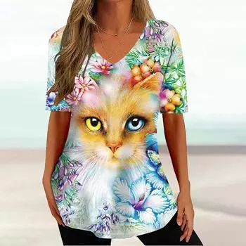 Футболка женская с принтом «Кошка» с принтом тай-дай, модная, с коротким рукавом, женская одежда, летние свободные топы с V-образным вырезом, женские повседневные футболки S