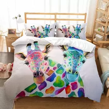 Colourful Giraffe Duvet Cover Set Cute Wild Animals Pattern Polyester Comforter Cover Single Double Size For Kids Bedding Set EU single(135x200cm)