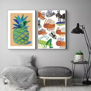 Colourful Pineapple Poster Insects Print Nursery Canvas Painting Educational Wall Art For Kids Room Home Decor Bedroom Picture 21x30cm No Framed