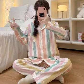 Colourful Striped Flower Print Pajamas Set for Women Korean Casual Sweet Girl Soft Women s Sleepwear Long Sleeve Nightwear M бежевый