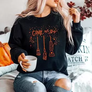 Come We Fly свитер Хэллоуин Crewneck Толстовка Sanderson Sisters Hoodie Pullover Осенние толстовки Женщины Хэллоуин Ведьмы Топ S чёрный