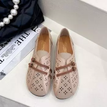 Comemore 2024 Летние женские туфли на плоской подошве в стиле ретро в этническом стиле с матовыми мокасинами с полой дисковой пряжкой для женщин, удобные туфли для мам 35 бежевый