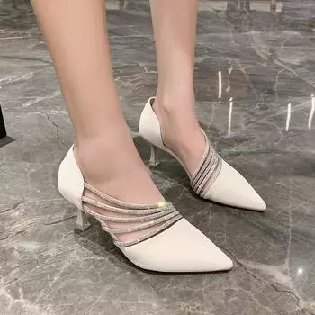 Comemore 2024 Лето Новая Корейская Мода Стразы Заостренный Небольшой Носок Босоножки На Высоком Каблуке Женская Обувь Каблуки Туфли-Лодочки Роскошь 34 бежевый