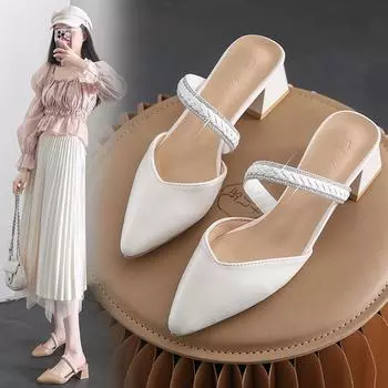 Comemore 2024 Новые сандалии-тапочки женские летние женские сандалии для улицы на толстом каблуке с модными острыми носками тапочки-мюли 35 бежевый