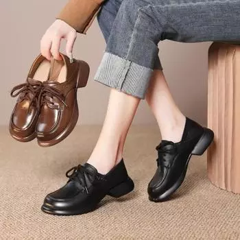 Comemore 2024 Весна Новые туфли на низком каблуке со шнуровкой Мягкая нескользящая женская рабочая обувь Кожаные удобные туфли-лодочки для женщин 35 чёрный