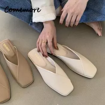 Comemore 2024 Весна Лето Мюли Повседневные Мюли Мягкая подошва Шлепанцы Модные Zapatos De Mujer Плоские Полутапочки Сандалии с квадратным носком 34 бежевый