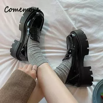 Comemore 2024 Весна Женские Туфли-лодочки в японском стиле Черные Модные Туфли-лодочки Для Женщин Толстая Подошва Кожаные Туфли-лоферы 35