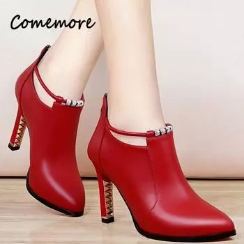 Comemore 2024 Женские красные женские сапоги на шпильках Ботильоны кожаные повседневные элегантные короткие туфли весна-лето туфли-лодочки размер 34 34 чёрный