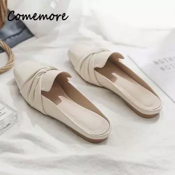 Comemore Осенние туфли на плоской подошве без застежек Женские повседневные летние туфли на плоской подошве Шлепанцы Мюли Женские симпатичные бежевые тапочки с квадратным носком Zapatos De Mujer 35 абрикосовый