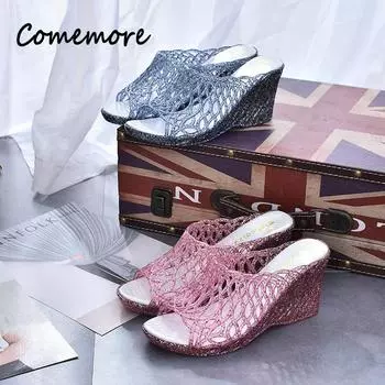 Comemore Bling Wedges 2024 Летние туфли на высоком каблуке Женские повседневные туфли из желе Слипоны Женские модные шлепанцы Женские тапочки на платформе 36 золотой