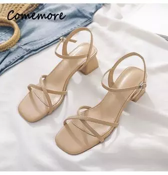 Comemore Comfortable 2024 Летние женские сандалии на блочном каблуке для девочек, черная верхняя одежда, модная элегантная обувь на среднем каблуке 40 35 бежевый