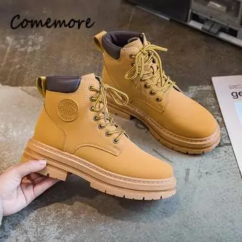 Comemore Couple Boots Осенние ретро женские ботинки Короткие ботинки Толстая подошва Желтая женская обувь Платформа с подкладкой Круглый носок Мужчины 44 35 wmen бежевый