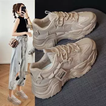 Comemore корейские новые женские спортивные туфли 2024 года на весну, модные кроссовки с сетчатой толстой подошвой, дышащая обувь для тенниса, женская обувь 35 чёрный