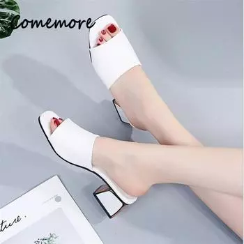 Comemore Летние модные тапочки с открытым носком на среднем каблуке 2024 Женские шлепанцы на высоком каблуке Женские тапочки Женские сандалии 35