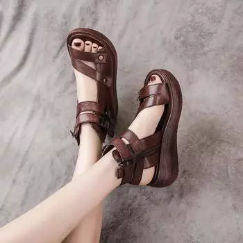 Comemore Новинка 2024 года, гладиаторские туфли-лодочки из мягкой искусственной кожи, роскошные летние римские туфли на платформе, модные туфли на танкетке, женские сандалии 2024 года 35 чёрный