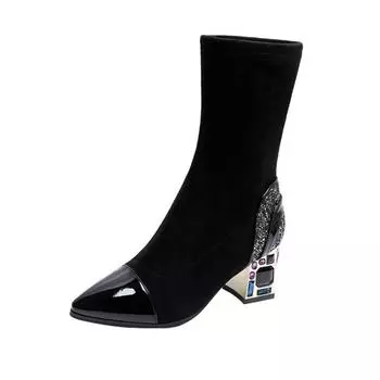 Comemore Новые женские резиновые сапоги, ботильоны, женские носки, ботинки, женские ботильоны 2024, чулки, осень-зима, каблук со стразами, черный 35 чёрный
