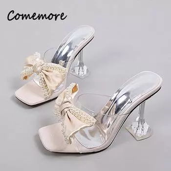 Comemore Прозрачные Туфли Летние Мюли Шлепанцы Туфли-лодочки 2024 Розовые Женские Тапочки Сандалии Модные Туфли С Высоким Каблуком И Перловым Бантом Zapatos 34 абрикосовый