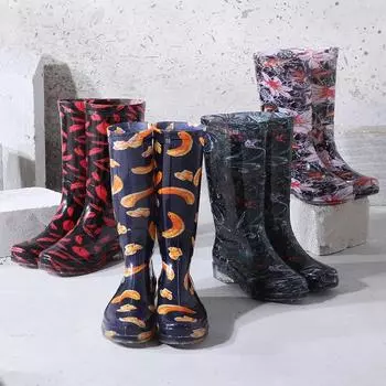 Comemore Rainboots Женские высокие сапоги, нескользящая водонепроницаемая обувь, новинка 2024 года, резиновые сапоги, модные женские галоши до середины голени с принтом 36