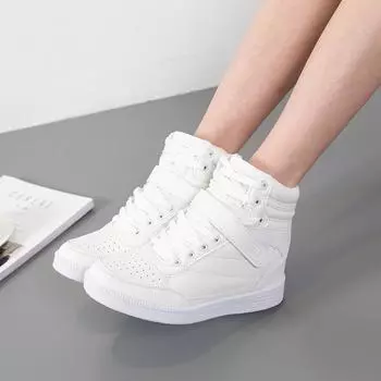 comemore Весенние женские кожаные ботинки на танкетке с танкеткой, туфли на платформе со скрытым каблуком, высокие кроссовки, повседневная обувь для женщин, ботильоны 35 белый