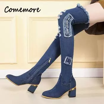 Comemore Выше колена Туфли на высоком каблуке Женские повседневные джинсы с кисточками и вырезами Вечеринки Длинные ботинки Mujer Женские джинсовые ковбойские сапоги 40 35