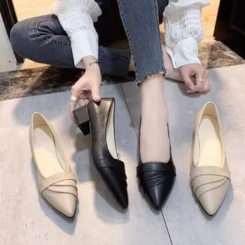 Женские туфли на квадратном каблуке Comemore, тренд 2024 года, новые кожаные туфли на среднем каблуке с острым носком, элегантные, формальные, модные туфли-лодочки на высоком каблуке 34 чёрный