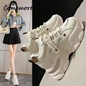 Женская обувь Comemore 2024 года, осень-зима, толстая подошва, сетка, спортивная, для отдыха, женские кроссовки, повседневная, модная, на платформе, кожа 35 чёрный