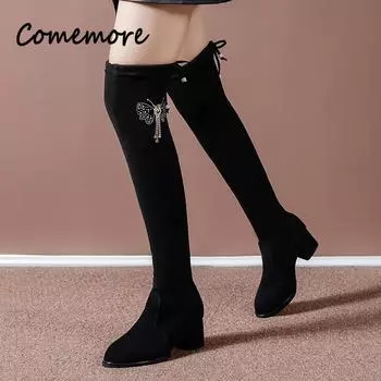 Comemore Женская обувь Осень Зима Дамы Высокий Каблук Длинные Ботфорты Черный Плюс Размер 42 2024 Новые Сексуальные Обтягивающие Ботфорты 34