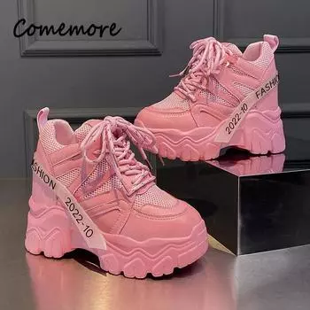 Comemore женские кроссовки массивные дышащие сетчатые повседневные туфли на платформе танкетке спортивные розовые туфли 2024 новинка весна осень мода 34 чёрный