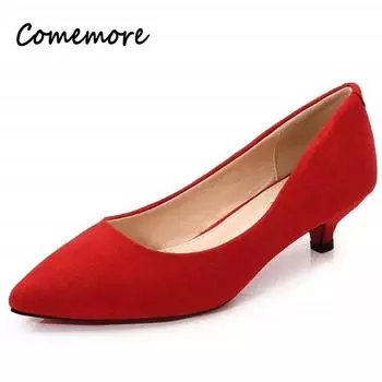 Comemore Женские офисные туфли из флоковой кожи на среднем высоком каблуке, женские туфли-лодочки на низком каблуке, красные, новые, модные, элегантные, большого размера 34 43 34