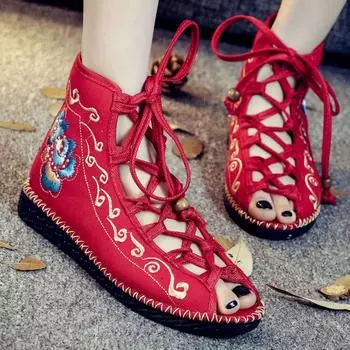 Comemore женские парусиновые сандалии теннисные туфли весна-лето женские плоские сандалии вышивка китайская женская обувь 2024 бесплатная доставка 34 бежевый