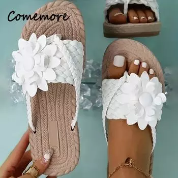 Comemore Женские сандалии Женские тапочки Плетеные туфли с открытым носком Повседневные нескользящие шлепанцы Летние женские цветочные плоские шлепанцы 36 бежевый