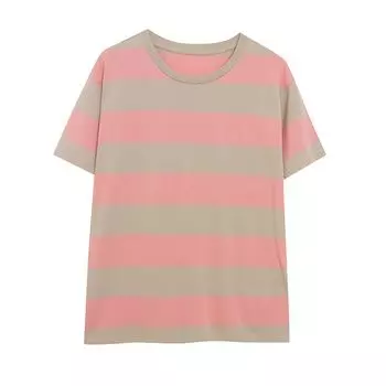 Comes with Version ~ 100 Cotton! Women s round Neck Stripes Short Sleeve T-shirt Loose Minimalist Style Large Version BF Casual Body Shirt Image color XS