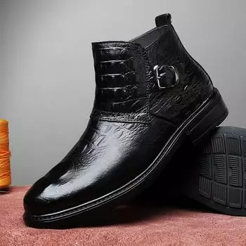 Comfortable Male Motorcycle Boots Genuine Leather Men Winter Plush Snow Boots Brand Male Side Zipper Dress Shoes New Ankle Boots 36