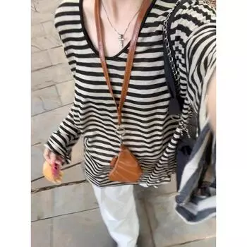 Comfortable Retro Contrast Color Stripes Long Sleeve Outer Wear Blouse Black tea S [Suggested 37.50 kg-45.00 kg]]