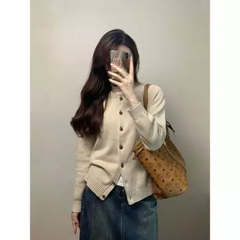 Comfortable Retro Soft Glutinous Wool Short Coat Sweater Khaki S