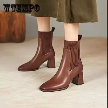 Comfy Chic Square Toe Mid-Calf Boots - Women s Fashion Footwear with Chunky Heel, Slip-on Design, Solid Color, and Soft Insole 35 чёрный