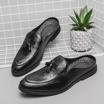 Comfy Leather Mens Casual Shoes Fashion Tassel Man Loafers Elegantes Moccasins Pointed Toe Men Muller Shoes Breathable Half Drag 38 чёрный