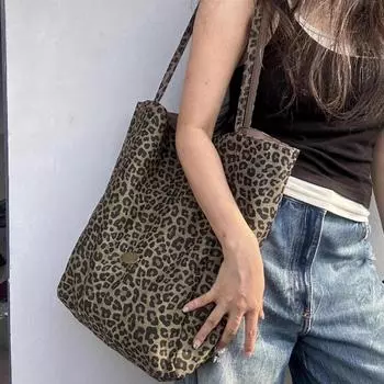 Commuter Canvas Bag for Women s New Japanese Style Slack Leopard Print Double-sided Tote Bag College Style Large Capacity Shoulder Bag